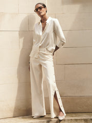 Women Silk-Satin Concealed-Placket Shirt in Ivory