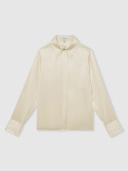 Women Silk-Satin Concealed-Placket Shirt in Ivory