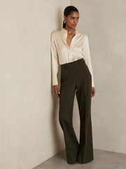 Women Silk-Satin Concealed-Placket Shirt in Ivory