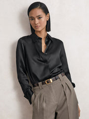 Women Silk-Satin Concealed-Placket Shirt in Black