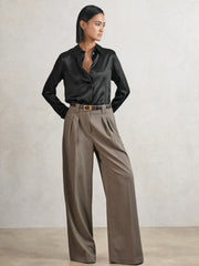 Women Silk-Satin Concealed-Placket Shirt in Black