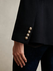 Women Single-Breasted Textured Blazer Wool-Blend in Navy