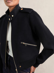Women Brushed Wool Epaulette Bomber Jacket in Navy
