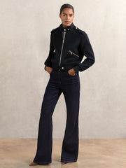 Women Brushed Wool Epaulette Bomber Jacket in Navy