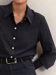 Women Silk Embossed-Button Shirt in Navy