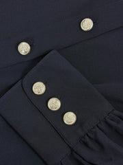 Women Silk Embossed-Button Shirt in Navy