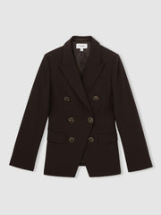 Women Petite Wool-Blend Double-Breasted Blazer in Chocolate Brown