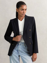 Women Wool-Blend Double-Breasted Blazer in Navy