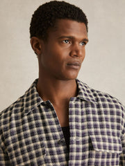 Men Woven Check Twin Pocket Overshirt in Navy/White