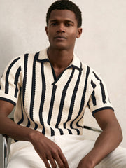Men Cotton Blend Stripe Knit Polo Shirt in Off White/Navy