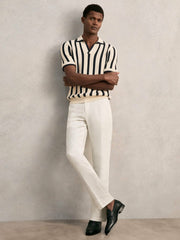 Men Cotton Blend Stripe Knit Polo Shirt in Off White/Navy