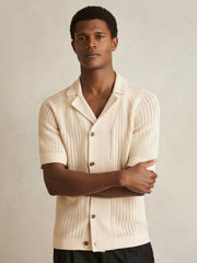 Men Cotton Textured-Knit Cuban-Collar Shirt in Light Stone
