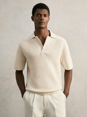 Men Oversize Textured Polo Shirt Cotton-Blend in Off White
