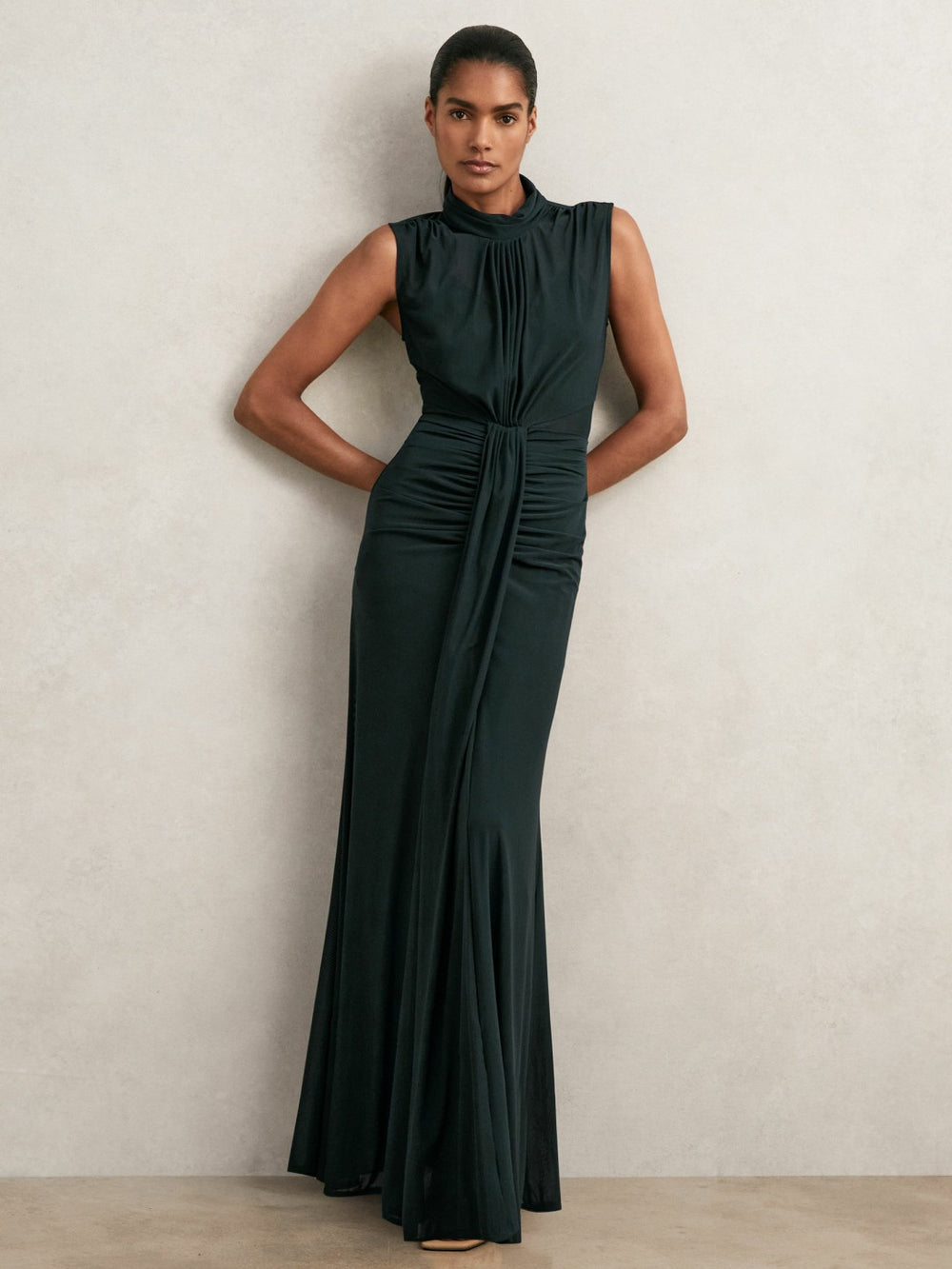 Women Sheer Ruched Maxi Dress in Teal