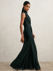 Women Sheer Ruched Maxi Dress in Teal