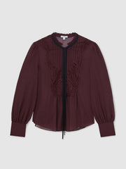 Women Lace-Embroidered Tie-Neck Shirt in Burgundy