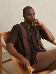 Men Cotton Textured-Knit Stripe Shirt in Brown Multi