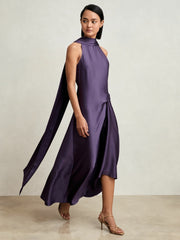 Women Satin Tuck-Detail Cape Midi Dress in Purple