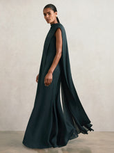Women Crepe Cape Maxi Dress in Teal Green