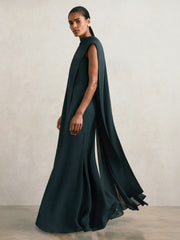 Women Crepe Cape Maxi Dress in Teal Green