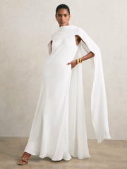 Women Crepe Cape Maxi Dress in White