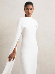 Women Crepe Cape Maxi Dress in White