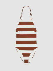 Women Stripe Cross-Back Swimsuit in Brown/White
