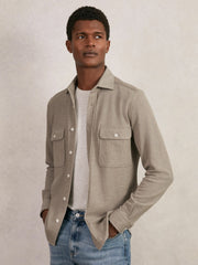 Men Textured Twin Pocket Cotton Blend Overshirt in Oatmeal Brown Melange
