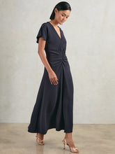 Women Ruched-Front Midi Dress in Navy