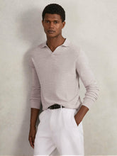Men Merino Wool Open-Collar Polo Shirt in Wicker Brown Melange