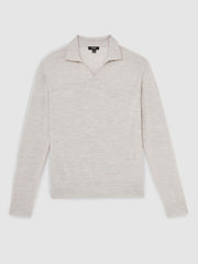 Men Merino Wool Open-Collar Polo Shirt in Wicker Brown Melange
