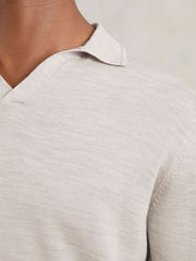 Men Merino Wool Open-Collar Polo Shirt in Wicker Brown Melange