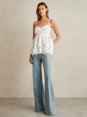 Women Cotton Cut Out Lace Cami Top in Ivory