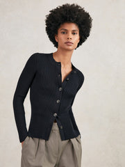 Women Button Front Knit Cardigan in Navy