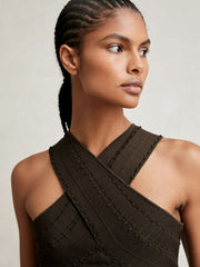 Women Cross Neck Textured Top in Chocolate