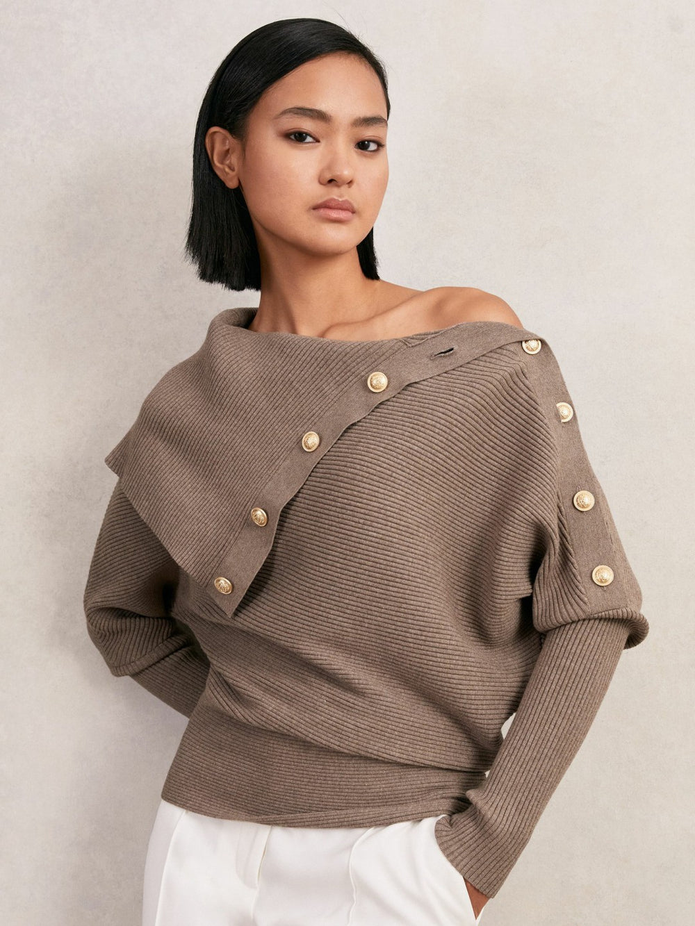Women Rib-Knit Button Shawl Jumper in Taupe