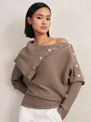 Women Rib-Knit Button Shawl Jumper in Taupe