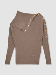 Women Rib-Knit Button Shawl Jumper in Taupe