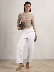 Women Cotton Blend Ladder Knit Top in Taupe Neutral
