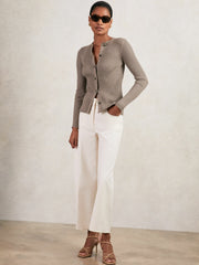 Women Button Front Knit Cardigan in Stone