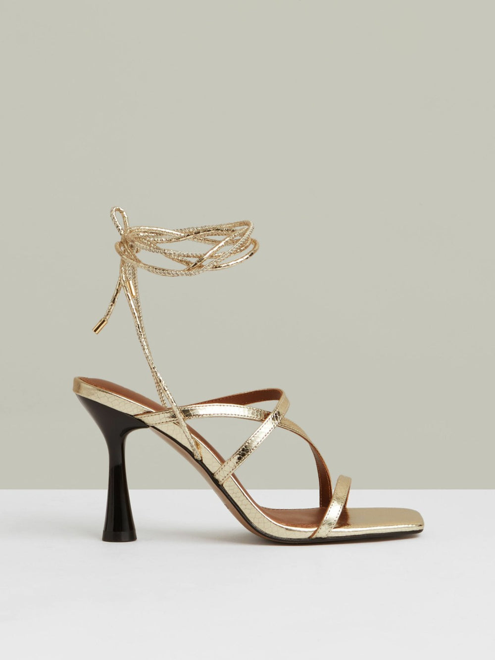 Women Leather Metallic Strappy Heeled Sandals in Gold