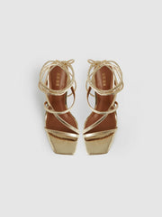 Women Leather Metallic Strappy Heeled Sandals in Gold
