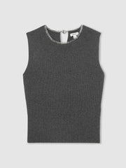 Women Wool-Blend Necklace-Trim Knitted Vest in Charcoal Grey