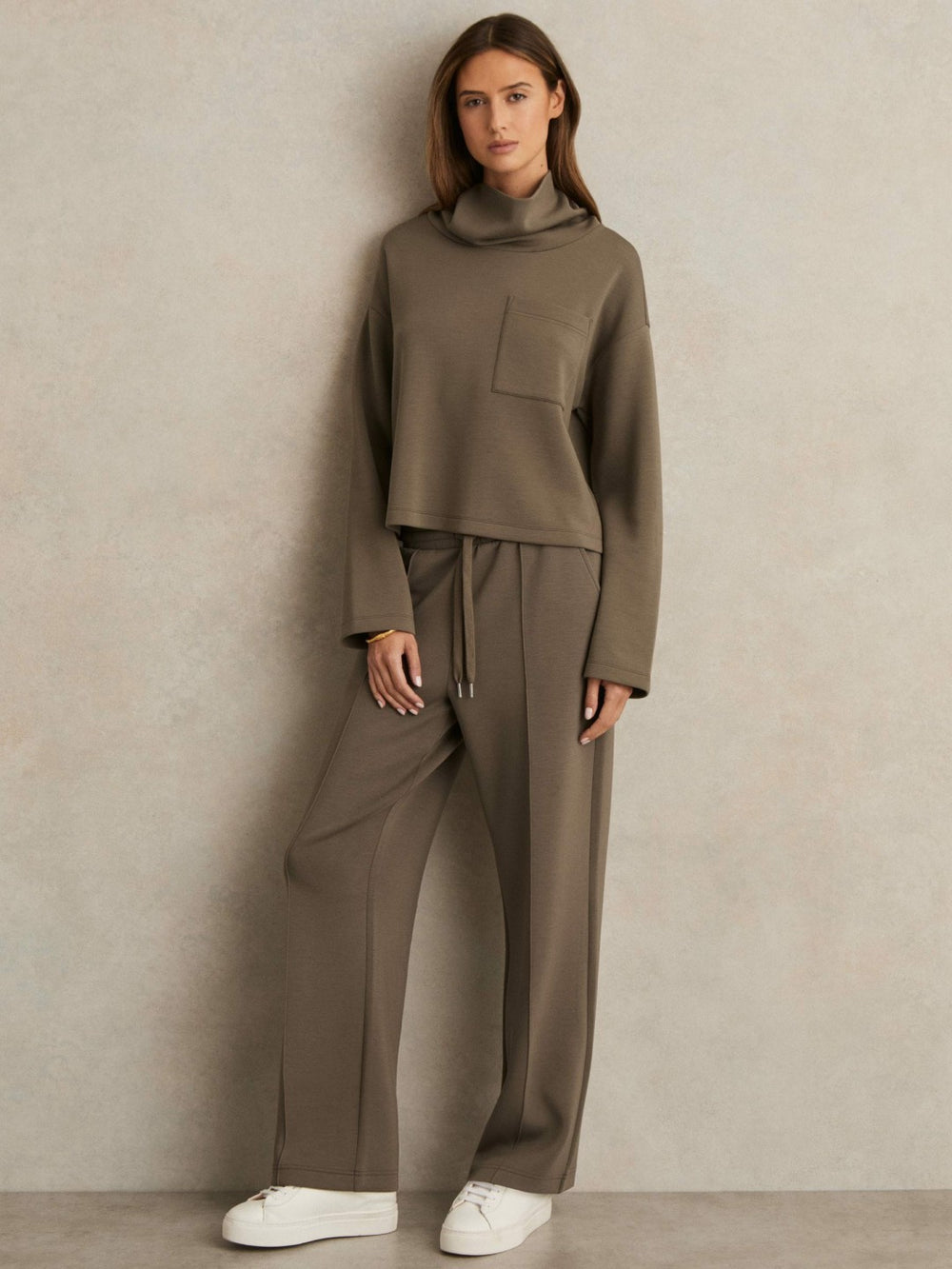 Women Petite Modal-Blend Interlock Wide-Leg Joggers in Khaki Green