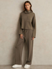Women Petite Modal-Blend Interlock Wide-Leg Joggers in Khaki Green