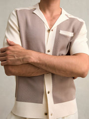 Men Colour-Block Cuban-Collar Knit Shirt in Taupe Brown/Light Stone