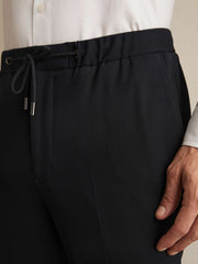 Men Slim Fit Jersey Drawstring Suit Trousers in Navy
