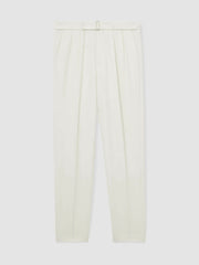 Men Wool-Blend Belted Pleated Trousers Regular-Fit in White