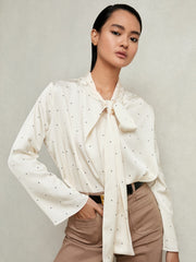 Women Satin Polka Dot Tie Neck Blouse in Ivory