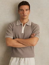 Men Micro-Cable Half-Zip Polo Shirt in Light Taupe Brown